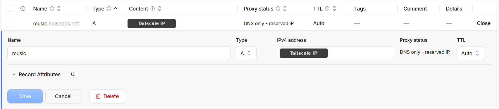 Registro A music no Cloudflare como DNS only, com o IP do Tailscale oculto