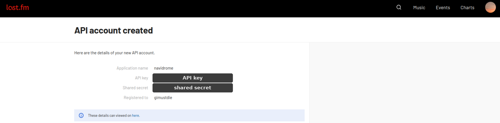 Conta de API criada no Last.fm, com a API key e o shared secret ocultos