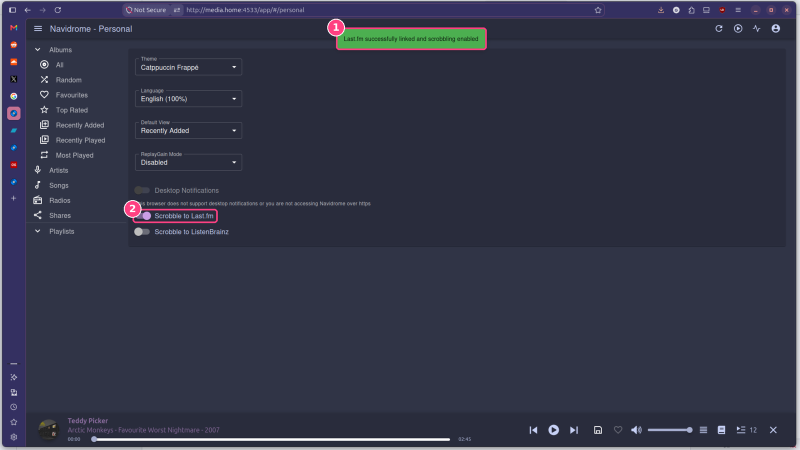 Last.fm vinculado e scrobble ativado na tela Personal do Navidrome