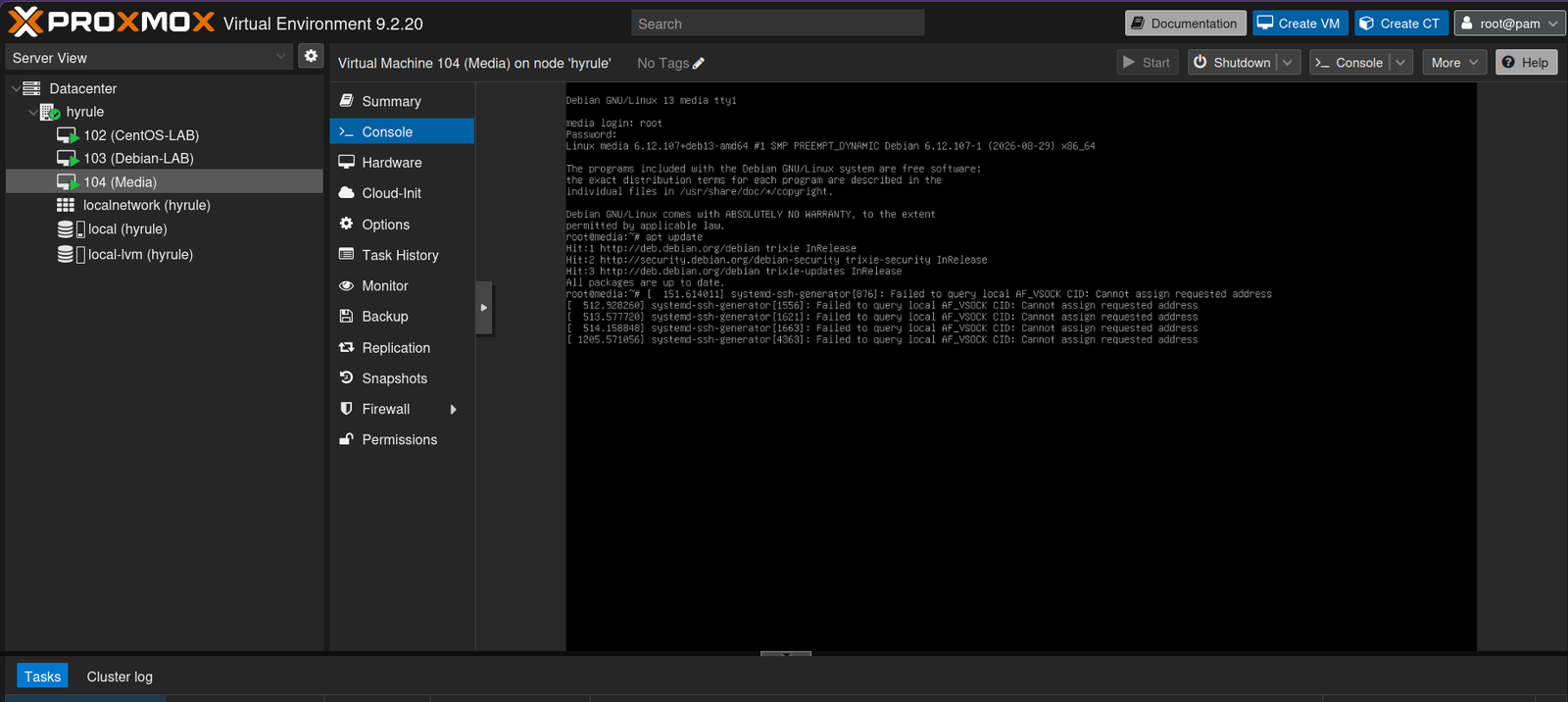 Proxmox VE com a VM 104 (Media) rodando Debian 13