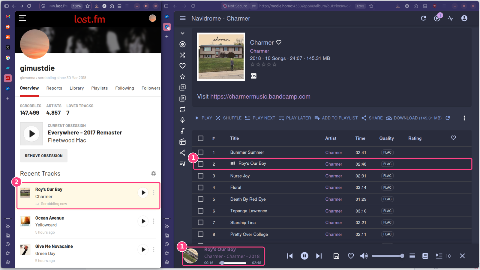 Navidrome tocando Roy's Our Boy, do Charmer, ao lado do Last.fm mostrando a mesma faixa como Scrobbling now